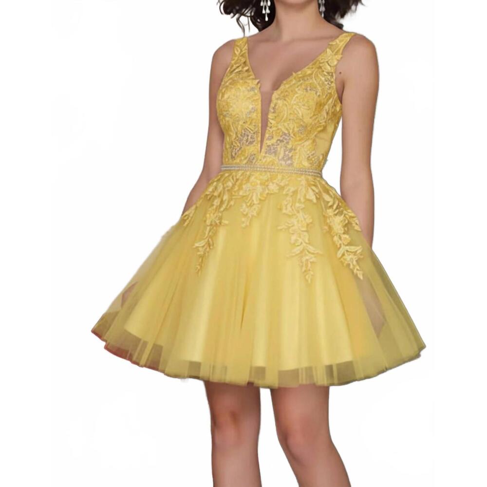 NEW DAVE & JOHNNY tulle and lace appliqué mini dress in yellow